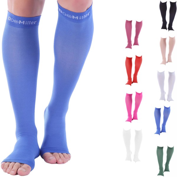 Doc Miller Open Toe Compression Socks, 15-20 mmHg, Toeless Compression Socks Women and Men for Maternity, Shin Splints & Calf Recovery, 1 Pair Blue Knee High X-Large Tall
