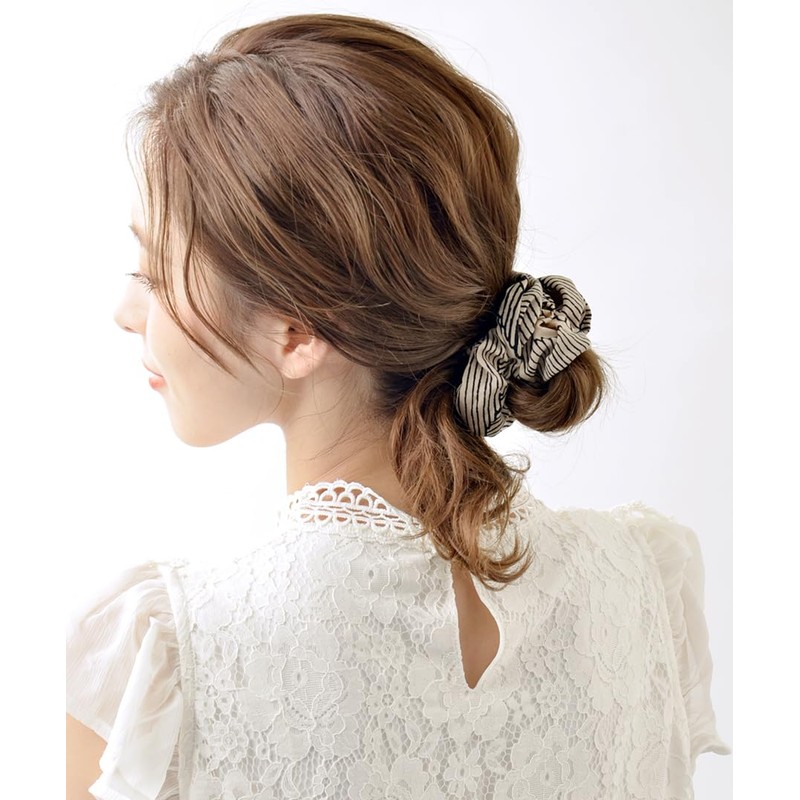 VINGTAINE HS-127-BE Botanical Pattern Scrunchie, Simple, Casual, Daily Chiffon Hair