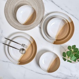 Sango Phoebe 12-Piece Multicolor Stoneware Dinnerware Set – Service for 4, Plate & Bowl Set, Caramel Stoneware with a Rustic White Glaze, for Daily Dining & Entertainment, Microwave & Dishwasher Safe