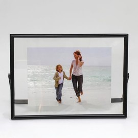 LEEMASING Floating Photo Frame Metal Glass Tabletop Desk Display for Valentine's Day Wedding Home or Office Fits 8x6 Photo (Black, 8x6 inch)