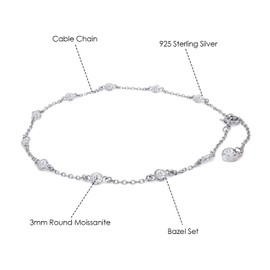 SAVEARTH DIAMONDS 3mm Round Cut Lab Created Moissanite Bezel Set Single Piece Station Anklet Ankle Bracelet for Women in 14k White Gold Plated Sterling Silver(1 Cttw) 9"