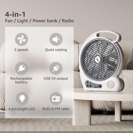 LUDGER 10" Rechargeable Fan with LED and FM Radio (EL-8210F), Portable, Long Battery life, 2 Speeds, USB Charge, AM/FM Radio, Rotatable Grill, Carrying Handle, Hunting, Camping
