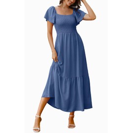 OFEEFAN Casual Dresses for Women Summer Maxi Dresses Flutter Sleeve Flowy Dress Dusty Blue L