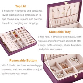 Voova Jewelry Box Organizer for Women Girls, 2 Layer Large Men Jewelry Storage Case, PU Leather Display Jewellery Holder with Removable Tray for Necklace Earrings Rings Bracelets, Vintage Gift, Purple