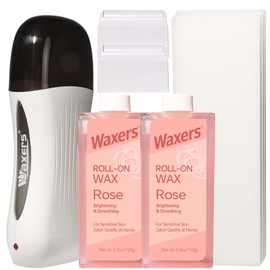 Waxers Waxers Roll on Wax Kit for Hair Removal Rose Wax Roller Waxing Kit with 2 Soft Depilatory Waxing Cartridges Warmer & Strips for Sensitive Skin at Home for Beginners