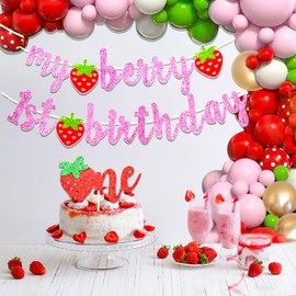 JeVenis My Berry First Birthday Banner Party Decoration Strawberry 1st Birthday Decorations Berry Sweet One Party Balloons