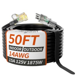 PlugSaf 14/3 Gauge Black Outdoor Extension Cord 50 ft Waterproof with Lighted Indicator, Cold Weatherproof -40°C, Flexible 3 Prong Extension Cord Outside,15A 1875W 14AWG SJTW, ETL Listed