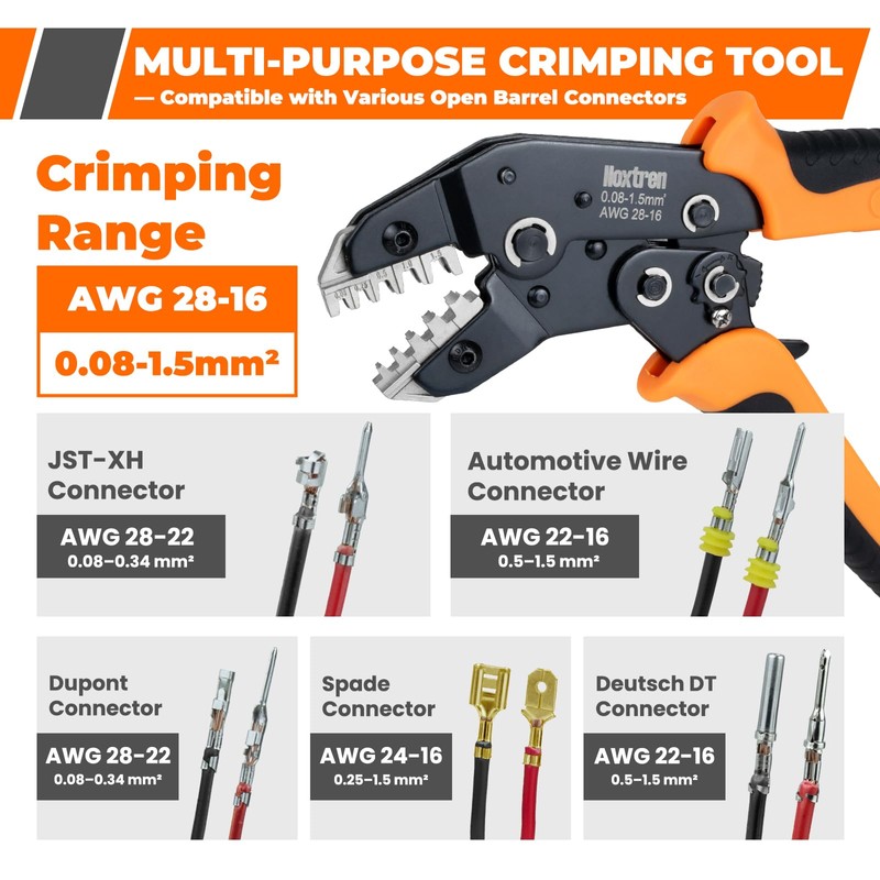Noxtren 5-in-1 Wire Crimping Tool, AWG 28–16 Ratcheting Crimper for