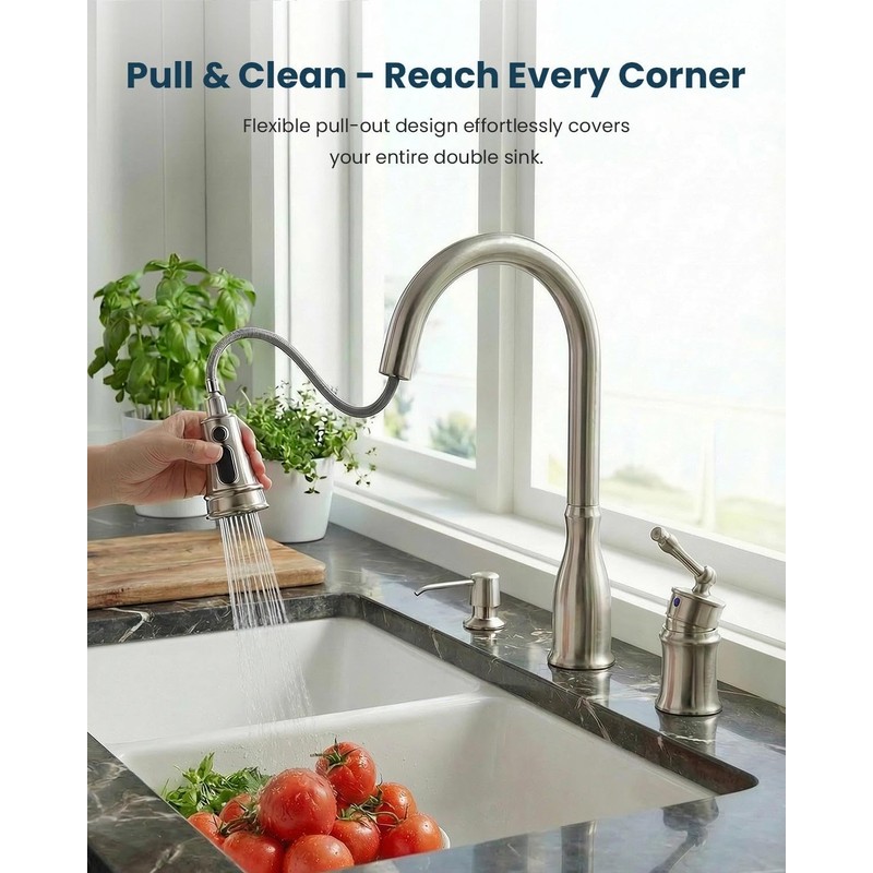 APPASO 3 Hole Kitchen Faucet with Pull Down Sprayer Brushed