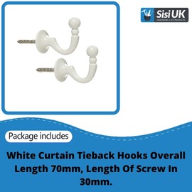 White Curtain Tassel Hooks Ball End Curtain Drape Tassel Screw In Hooks U Shaped Curtain Tie Hooks White Curtain Tie Back Fixings for Curtains Clothes Coat Hanger Hook Pack of 2.