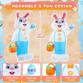 6FT Easter inflatables Bunny Outdoor Decorations LED Lighted Blow Up Rabbit with Colorful Egg Basket Outside Indoor Inflatable Decor for Lawn Yard Garden Easter Party Holiday Egg Hunt