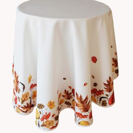 texpot Tablecloth 130 cm Round Autumn Leaves Cream White Beige Colourful Printed
