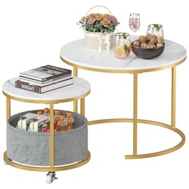 BAMEOS Bamboo Nesting Triangle End Table,Set of 2 Coffee Table Modern Minimalist Side Table for Living Room, Balcony in Marble White