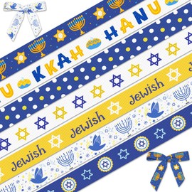 Hying 7 Rolls Hanukkah Ribbon for Wrapping Gifts, Chanukah Star of David Menorah Ribbon for Gift Wrapping Jewish Festival Decorations DIY 3/8" X 35 Yards White Blue Grosgrain Ribbon for Party Supplies