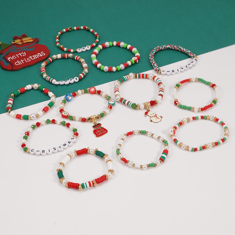 Twinfree 12pcs Christmas Bracelets Women Clay Bead Bracelet Xmas Decorations