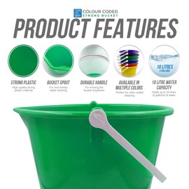 Colour Coded Plastic Bucket with Handle, 2 Gallon (10L) Household Heavy Duty Bucket with Spout and Easy-Grip Handle, Multipurpose Large Bucket for Cleaning, Bath, and Gardening (Green)