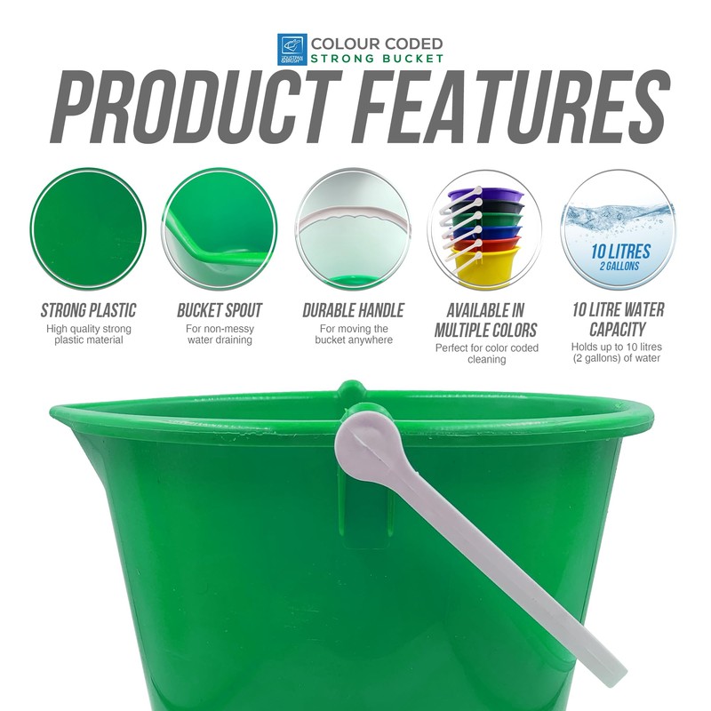 Colour Coded Plastic Bucket with Handle, 2 Gallon (10L) Household