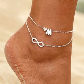 TseenYi Anklet Silver Plated Love Heart Letter M Anklet Beach Jewelry for Women and Girls