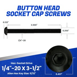 Fastenere Button Head Socket Cap Screws - 1/4-20 x 3-1/2" (10-Pcs) Alloy Steel, Fully Threaded, Fine Black Oxide Finish, Corrosion-Resistant, Machine Thread, Easy to Install w/Allen Hex Drive