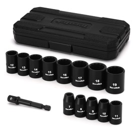 TecoTek 14 Pieces 3/8-Inch Drive Impact Socket Set, 12-Point, Metric, Shallow, CR-V, 7mm to 19mm, Drill Socket Adapter 3/8"