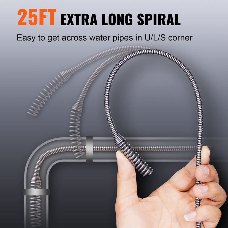 VEVOR Drain Auger 25Ft, Plumbing Snake with Drill Attachment, Plumbers