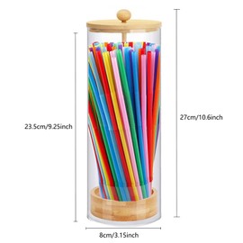 Straw Holder Dispenser for Counter, 10 Inch Tall Drinking Straw Dispenser with Bamboo Lid for Straws, Transparent Straw Storage Container for Kitchen