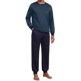 Ekouaer Mens Long Pjs Men Pyjamas Set Long Sleeve Pijamas 5 Piece Nightwear Set Loungewear, Green Stripe + Navy Blue, 3XL
