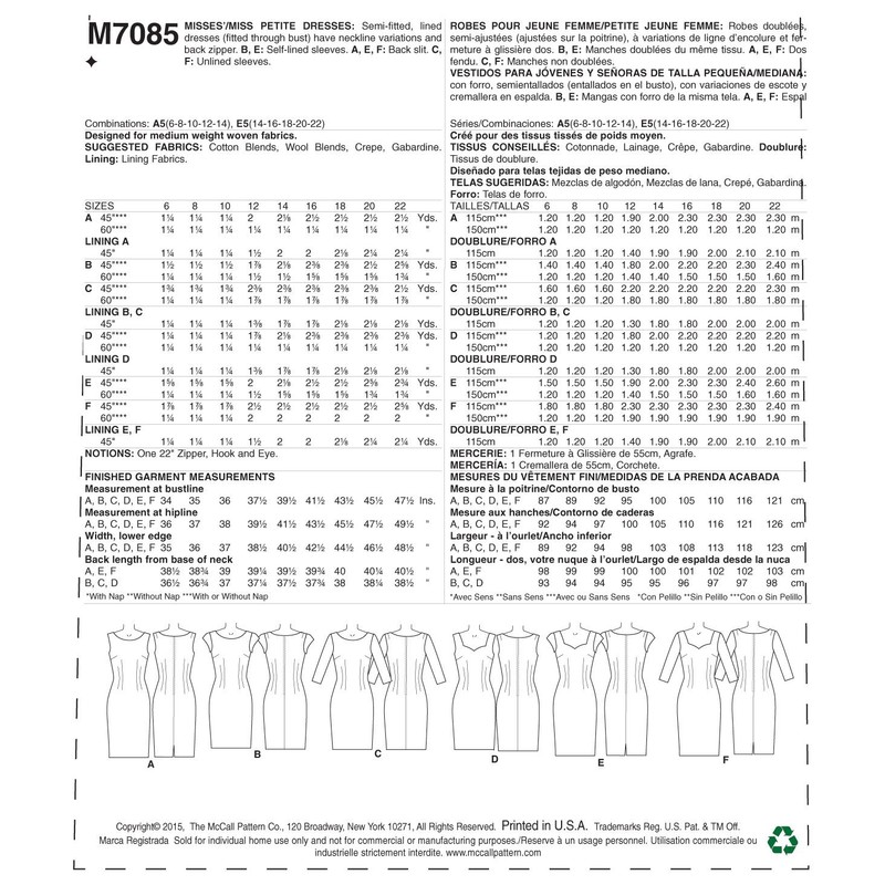 Mccall's Patterns MC7085 Miss Petite Dresses,Sizes, A5 (6-8-10-12-14)