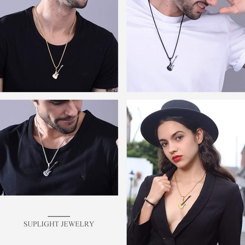 Suplight Platinum Silver Guitar Necklace for Men Boy Rock Music