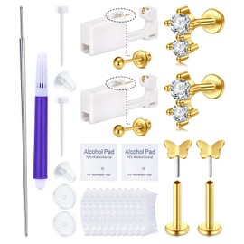 QWALIT Gold Ear Piercing Kit Gold Ear Piercing Gun Kit Disposable Self Piercing Earring Gun with Earring Studs Piercing Kits at Home Butterfly Threadless Earrings Stud