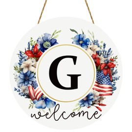 Patriotic Decorations Monogram Letter G 4th of July Wreaths for Front Door Wreath Wooden Welcome Sign for Front Door Decor Last Name Initial Fourth of July Memorial Day Porch Wall Home Kitchen Decor