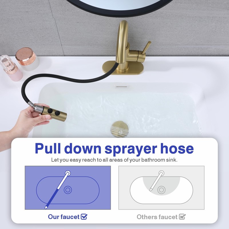 Kablle Bathroom Sink Faucet with Pull Down Sprayer, Brushed Gold