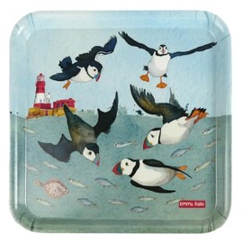 Emma Ball Diving Puffins Colourful Square Melamine Tray - Blue, Green - 29 cm