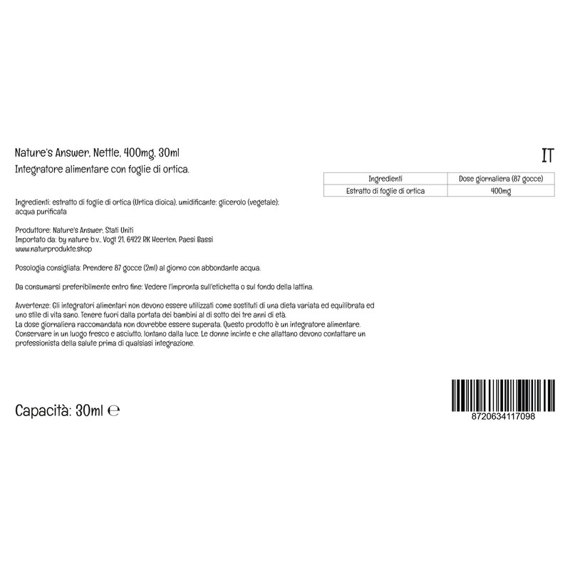 Nature's Answer, Nettle Extract, 400mg, 30ml, Lab-Tested, Gluten Free, Soy