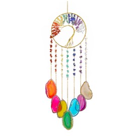 Lpraer Tree Life Agate Slices Wind Chimes 7 Chakra Reiki Healing Stone Colorful Handmade Wall Hanging Ornament for Outdoor Indoor Home Decor (7 Chakra Tree Life #4)