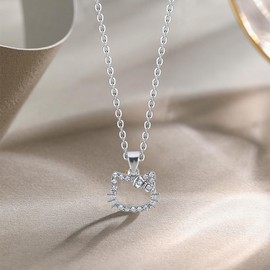 yumcute Kitty Cat Necklace Cute Girl Necklace Sterling Silver Cubic Kitten Diamond Pendant Lovely Jewelry Gift for Teen Girls Women Boys Cat Lovers