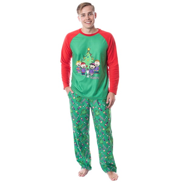 INTIMO Peanuts Mens' Christmas Holiday Season Sing Along Sleep Pajama Set (Large) Green