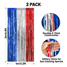 jijAcraft Red White Blue Tinsel Foil Fringe Curtain, 2 Pack 3.2x6.5 Feet Patriotic Party Photo Backdrop Streamers for 4th of July Memorial Day Labor Day 250th Anniversary Streamer Decor