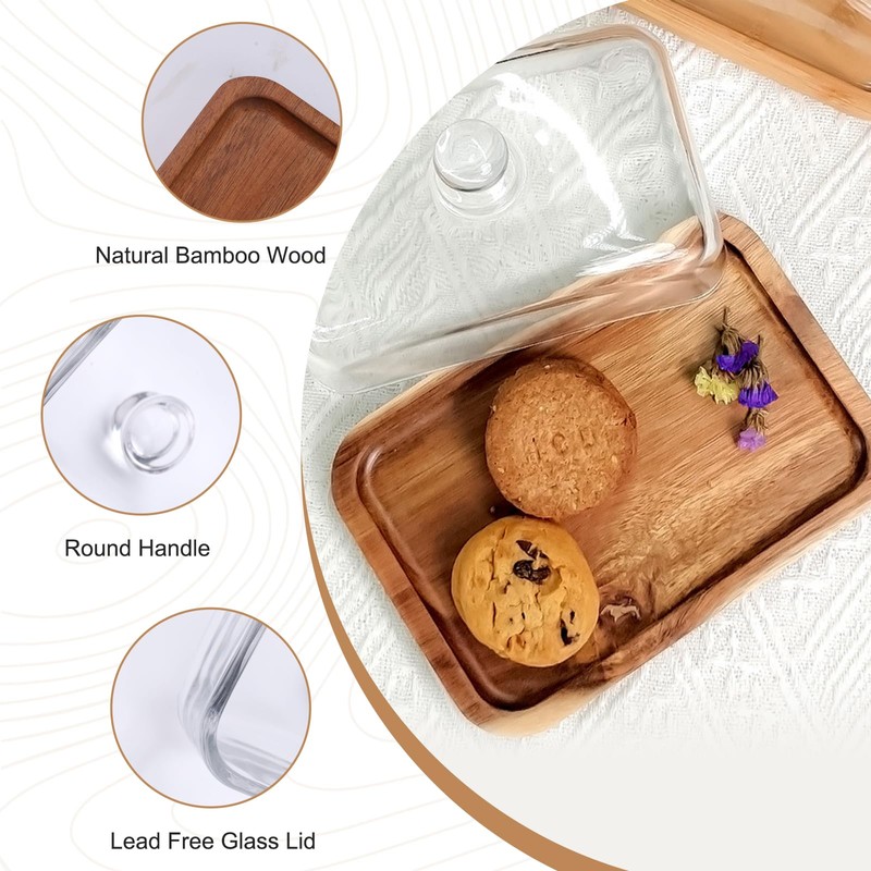 VivaBelle Glass Butter Dish with Wood Lid, Clear Domed Cheese