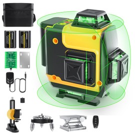 Laser Level, FELLAT 4x360°4D 16 Lines Laser for Construction, Two 360° Vertical and Two 360°Horizontal Green Cross Line Laser with Pulse Mode, Remote Controller and Two Rechargeable Battery