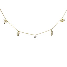 LUCKY NECKLACE with Elephant, Angel, Evil Eye, Hand of Fatima and DragonFly. 18k Gold Plated Sterling Silver JEWELRY. Elegant and Sophisticated meaningful gift