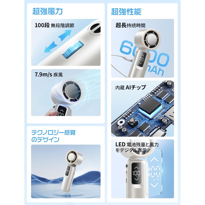 【2025夏新設計】携帯扇風機 ハンディファン 手持ち 卓上け 首掛け 冷却プレート搭載 接触冷感 100段階風力調節 LED表示 6000mAh