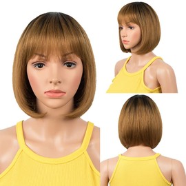 DÉBUT Real Hair Wig with Fringe Short Bob Pixie 10A Brazilian Virgin Remy Hair 20 cm 103 g (20 cm, TT1B/30)