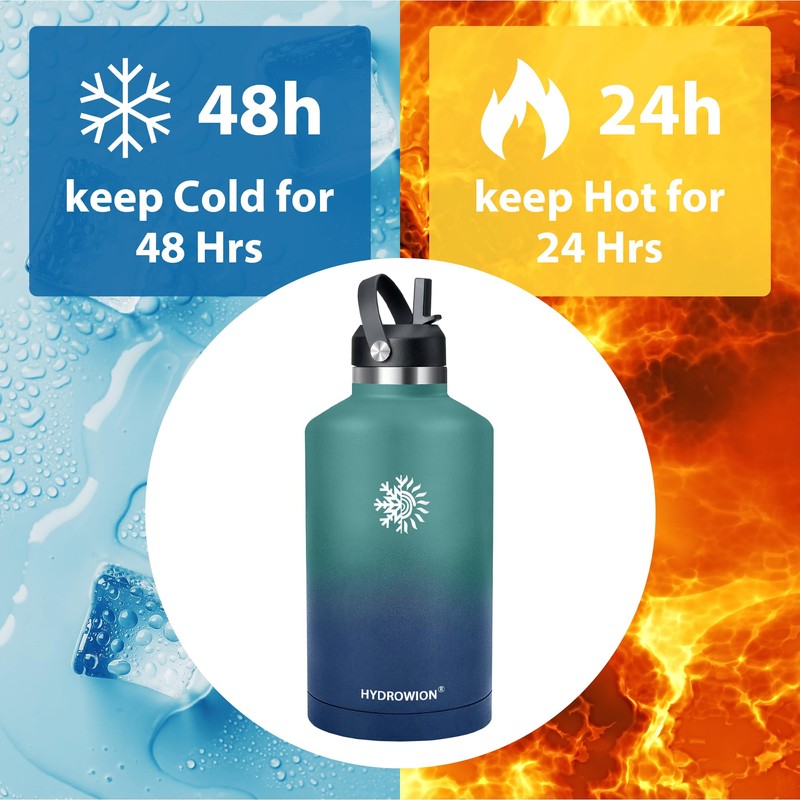 64 oz Water Bottle with 2 Lids, Half Gallon Double