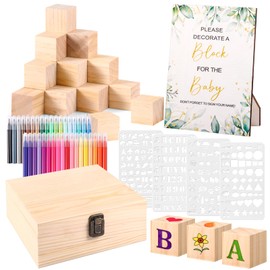 Draupnir 92 Pcs Fun Baby Shower Games Sign Kit Babies Coloring Blocks for Baby Shower, Wooden DIY Blank Blocks Freehand Painting with 36 Paint Markers