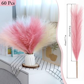 60 Pcs Pink Faux Pampas Grass Decor, 17.7 Inch Fluffy Artificial Colored Pompas Grass Fake Short Pompous Blush White Boho Vase Filler Bulrush Flower Arrangement for Home Wedding Party Room Decorations