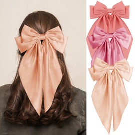 Milk Tea Pink Hair Bows for Women Girls, Oversized Large Coquette Bow Aesthetic Hair, Silky Satin Long Tail Bowknot Hair Ribbons Big Bow Clip Accessories Trendy Stuff
