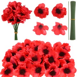 Haishell Set di 60 fiori artificiali di papavero rosso, fiori finti per la domenica della commemorazione, fiori di campo finti con ramo di fiori per la festa dei veterani, bouquet per la festa dei