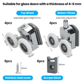 Zythrem 8Pcs Shower Door Rollers for Curved Door 25mm Replacement Shower Door Wheels Chrome Shower Runners with Anti-Collision Block and Screws Shower Roller Wheels for Curved Glass Doors 4-6mm Glass