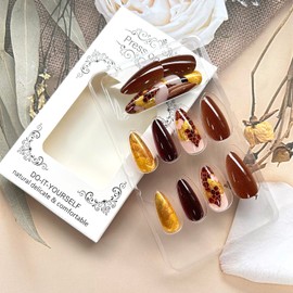 Press on Nails Medium Length Gold Glitter False Nail Honeycomb Pattern Design Full Cover Glossy Artificial Fingernails Brown Acrylic Stick on Nails Reusable Almond Shaped Glue on Nails for Women 24Pcs